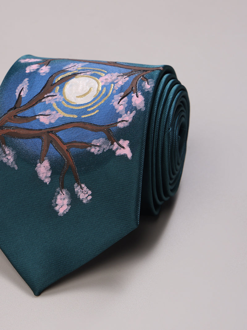 Teal Hand-Painted Woven Necktie – Moonlit Blossoms