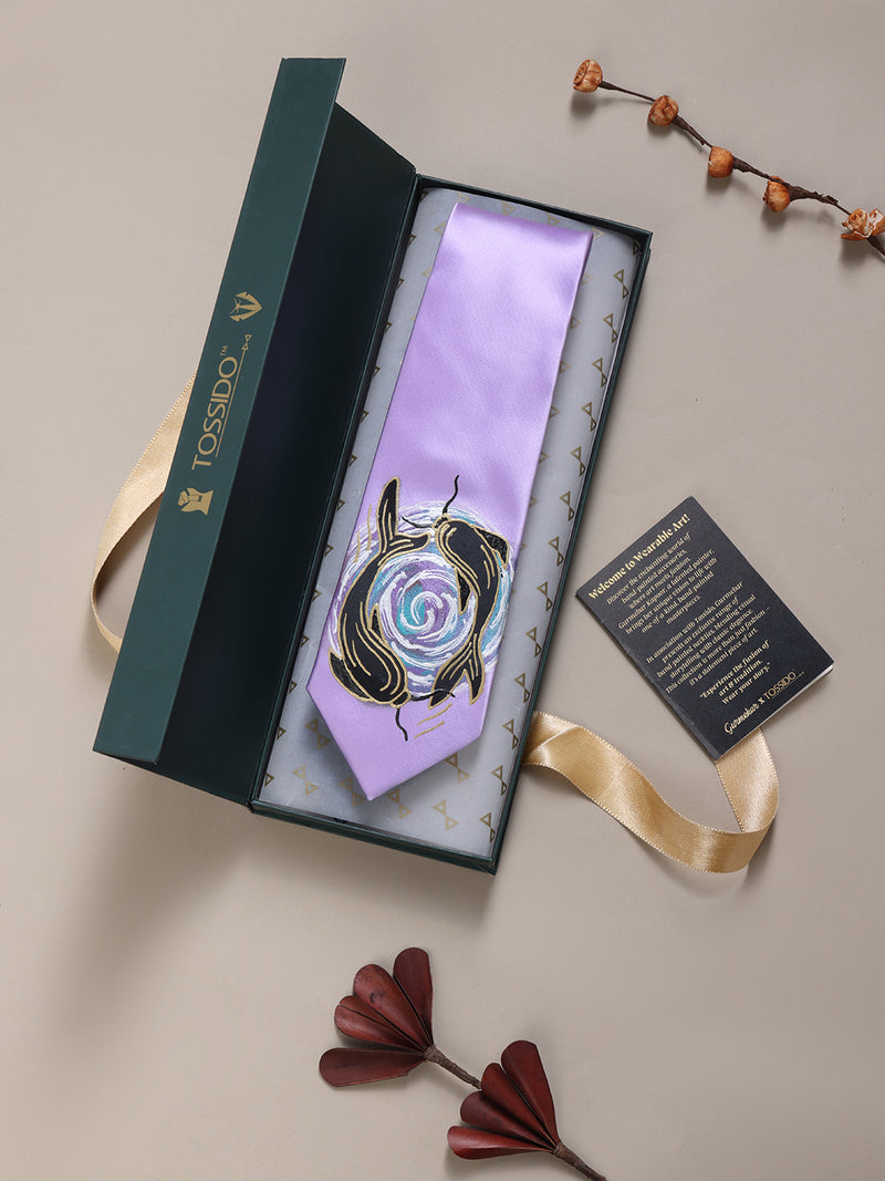 Lilac Hand-Painted Woven Necktie – Yin-Yang Fish