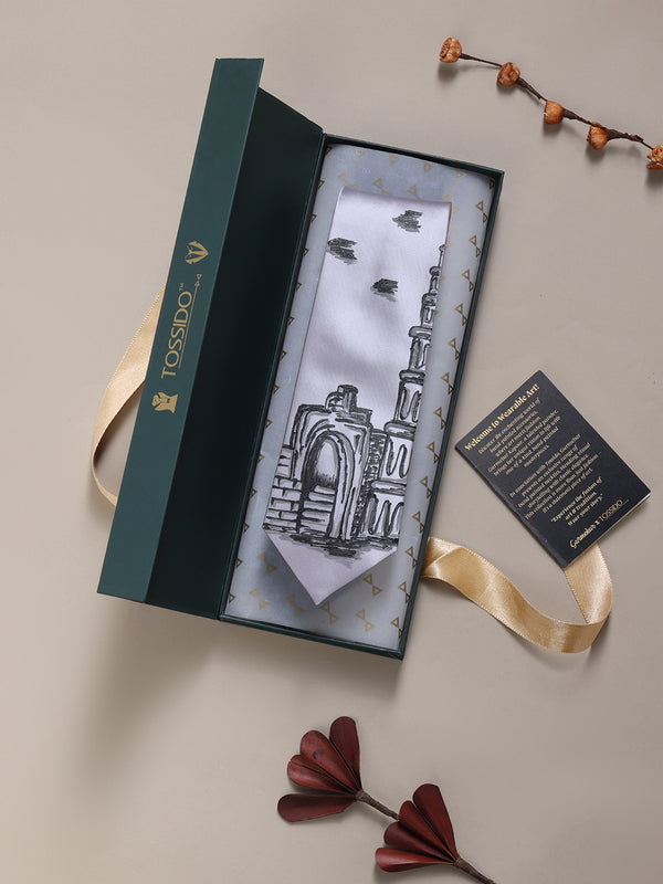 Silver Hand-Painted Woven Necktie – Historic Building