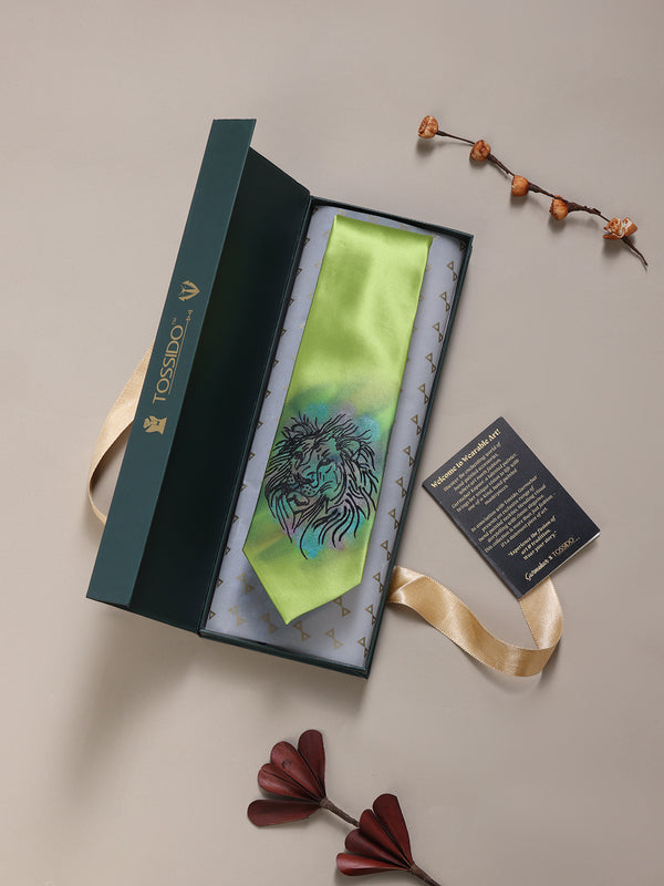 Green Hand-Painted Woven Necktie – Lion Face