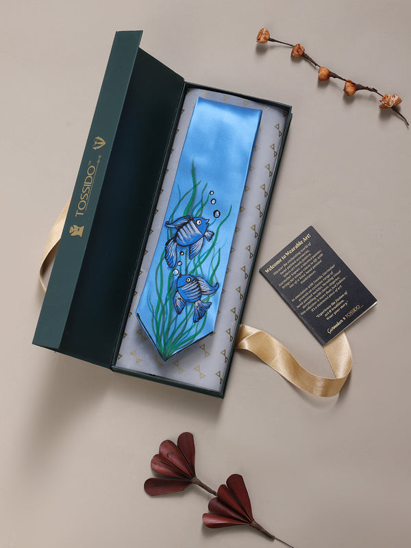 Sky Blue Hand-Painted Woven Necktie – Fish Pattern