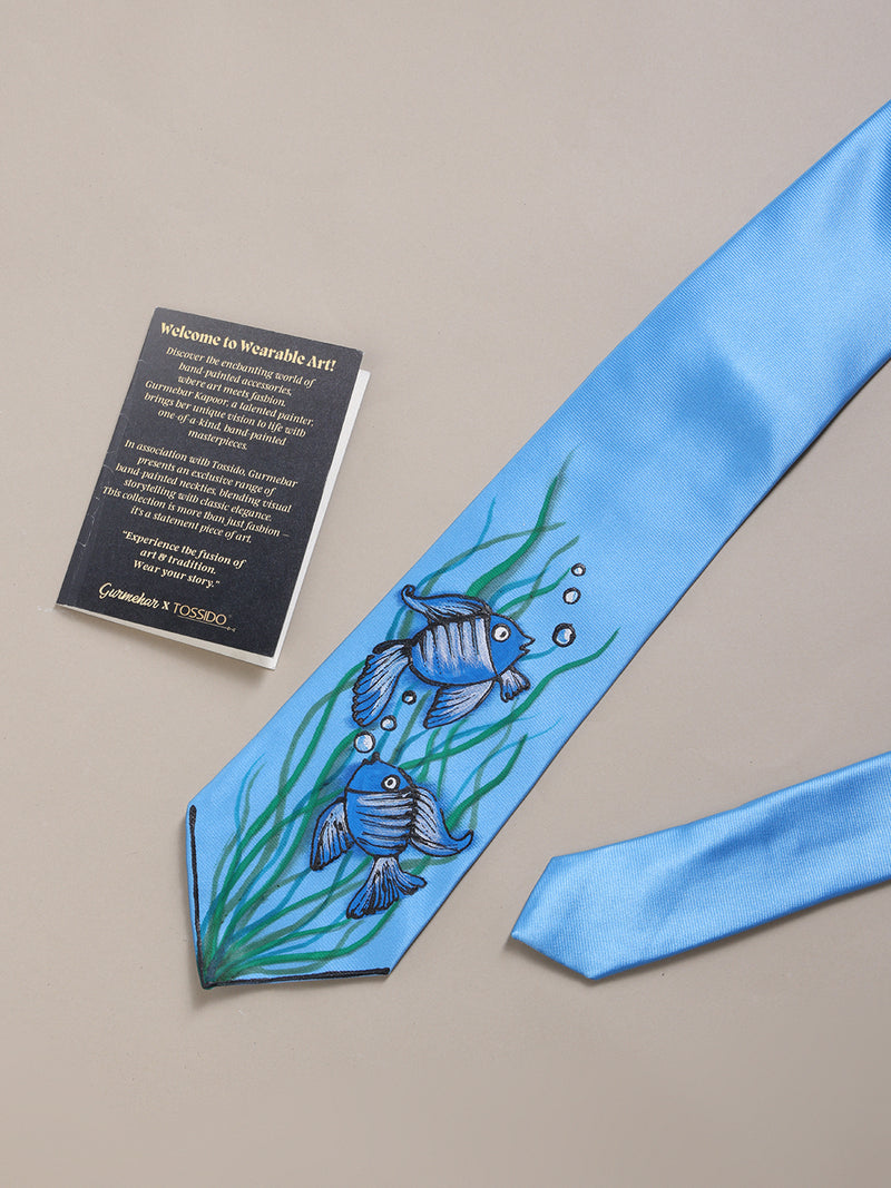 Sky Blue Hand-Painted Woven Necktie – Fish Pattern
