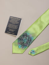 Green Hand-Painted Woven Necktie – Lion Face