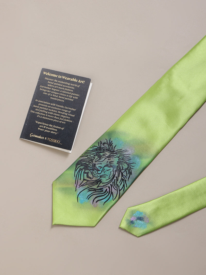 Green Hand-Painted Woven Necktie – Lion Face