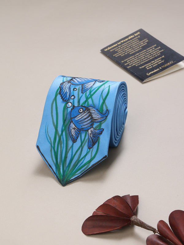 Sky Blue Hand-Painted Woven Necktie – Fish Pattern