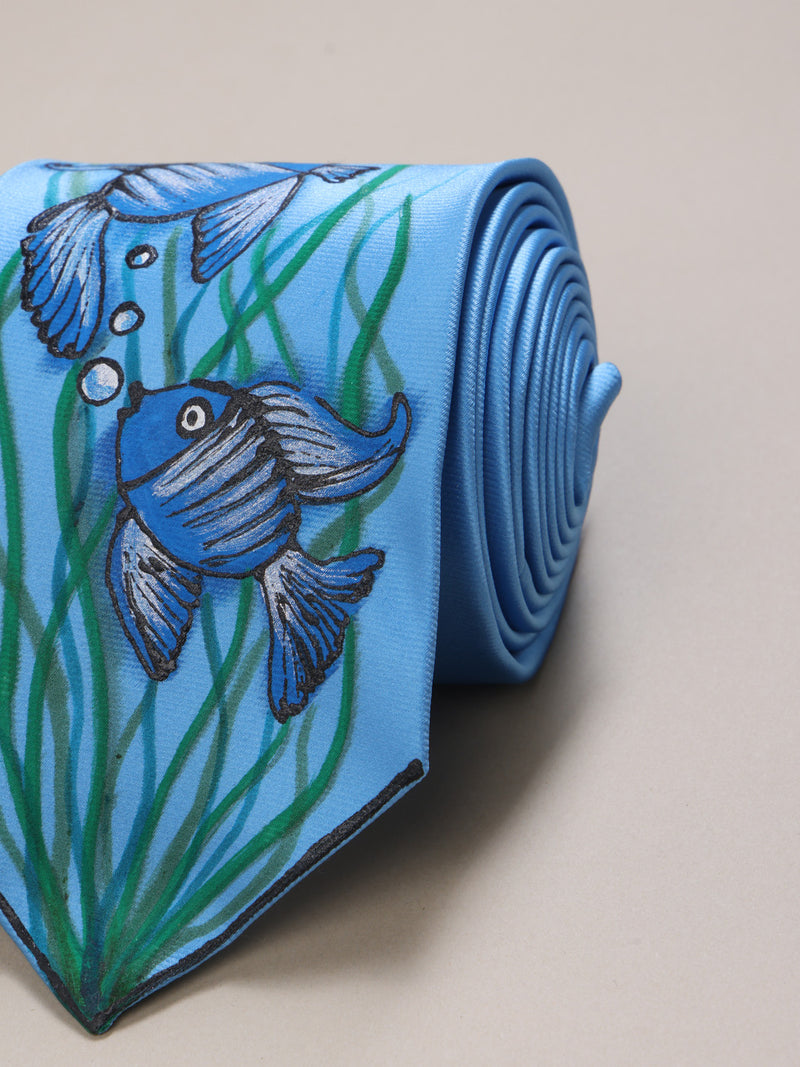 Sky Blue Hand-Painted Woven Necktie – Fish Pattern