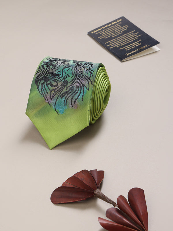 Green Hand-Painted Woven Necktie – Lion Face