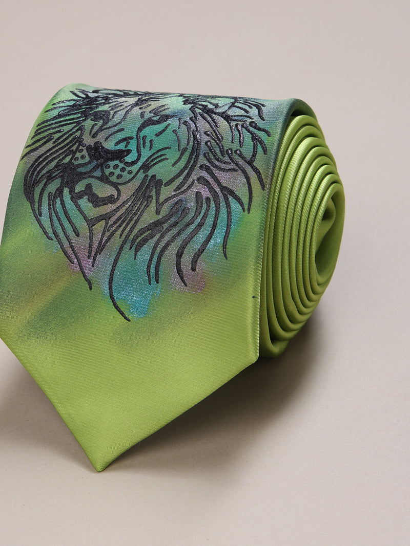 Green Hand-Painted Woven Necktie – Lion Face