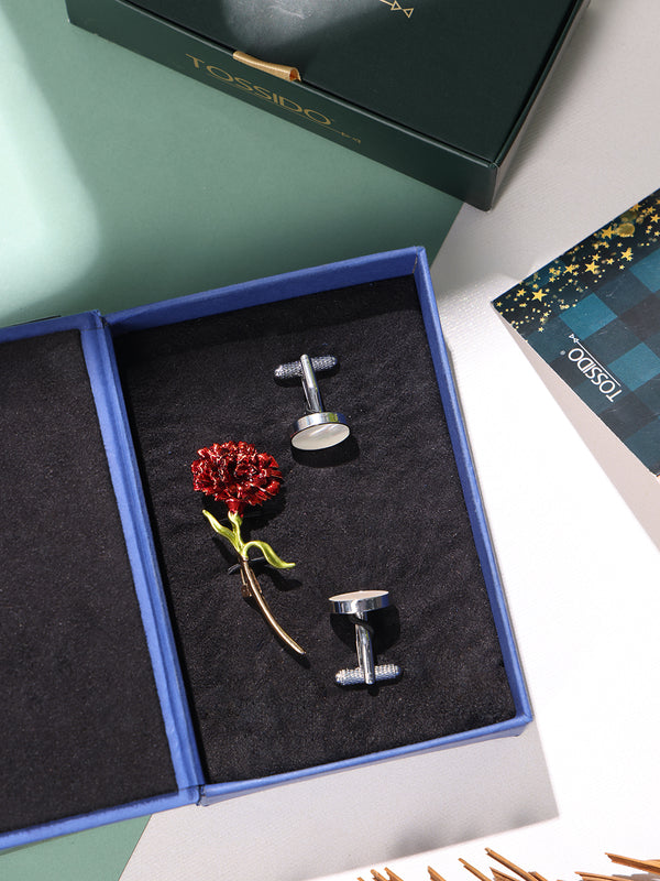 Maroon Brooch and White Cufflink Gift Set
