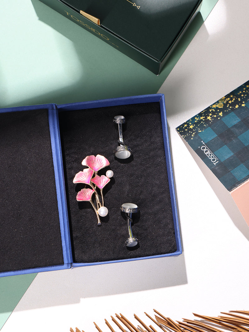 Pink Brooch and Off-White Cufflink Gift Set