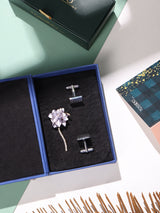 Purple Brooch and Silver Cufflink Gift Set