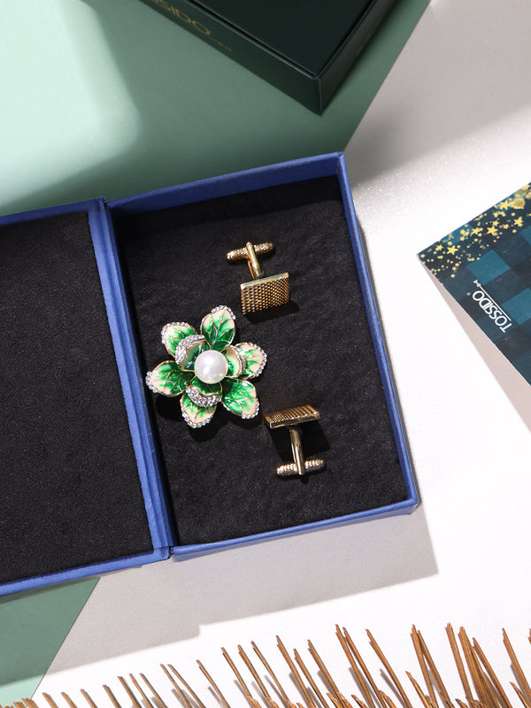 Green Brooch and Golden Cufflink Gift Set