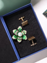 Green Brooch and Golden Cufflink Gift Set