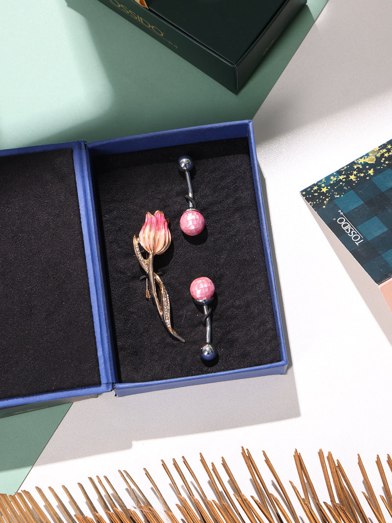 Soft Pink Tulip Brooch and Cufflinks Gift Set