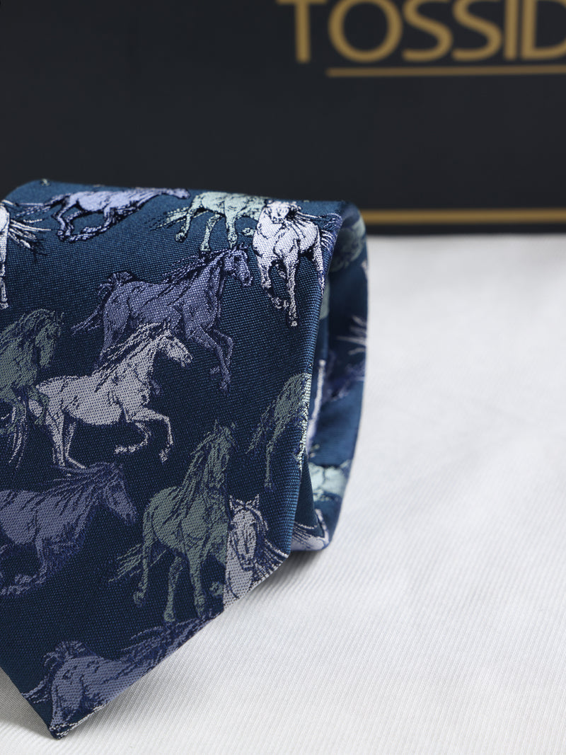 Blue Horse Woven Silk Necktie