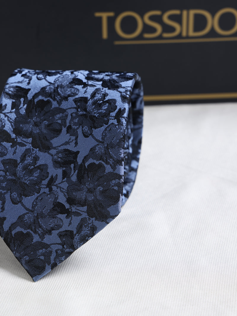 Blue Floral Woven Silk Necktie