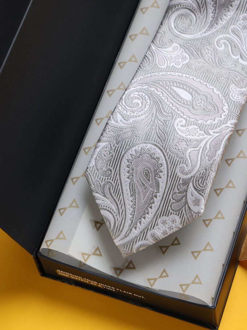 Silver Paisley Woven Silk Necktie