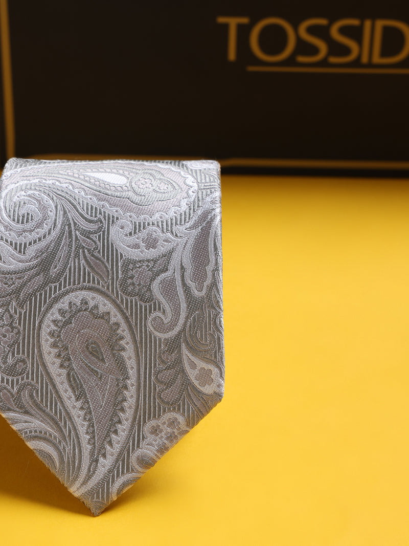 Silver Paisley Woven Silk Necktie