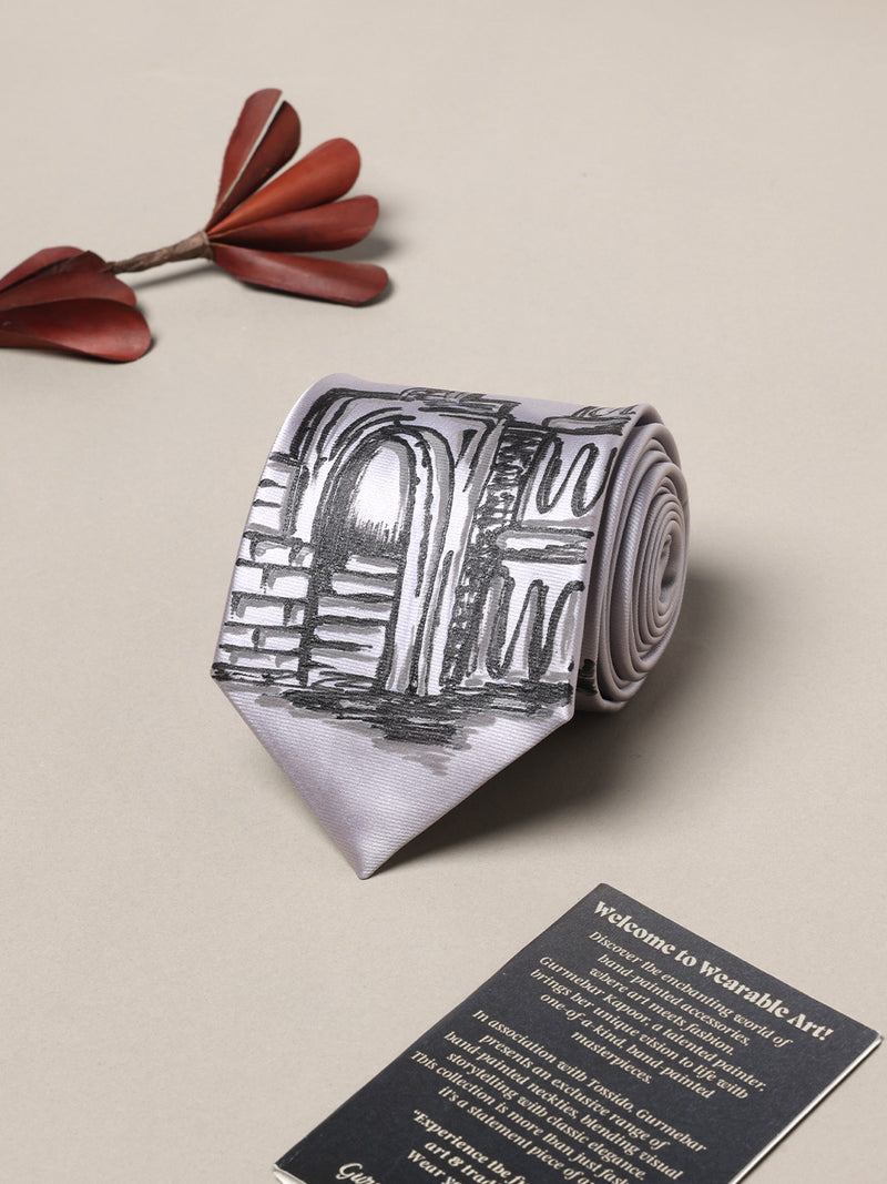 Silver Hand-Painted Woven Necktie – Historic Building