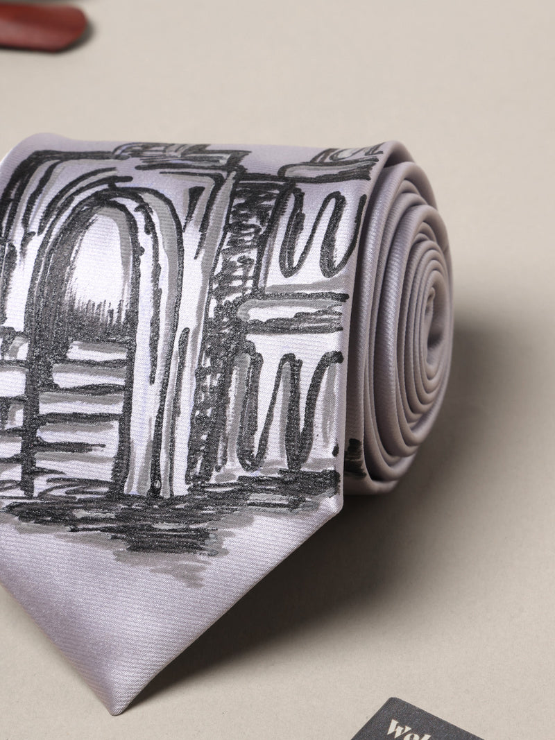 Silver Hand-Painted Woven Necktie – Historic Building