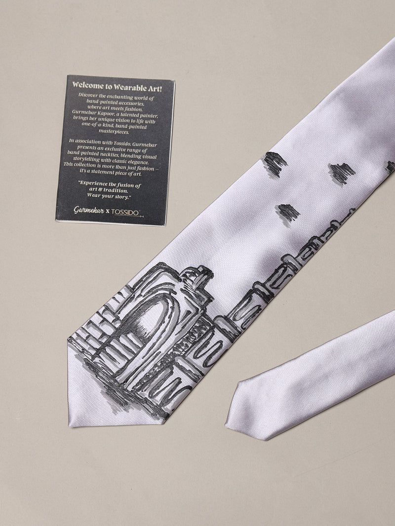 Silver Hand-Painted Woven Necktie – Historic Building