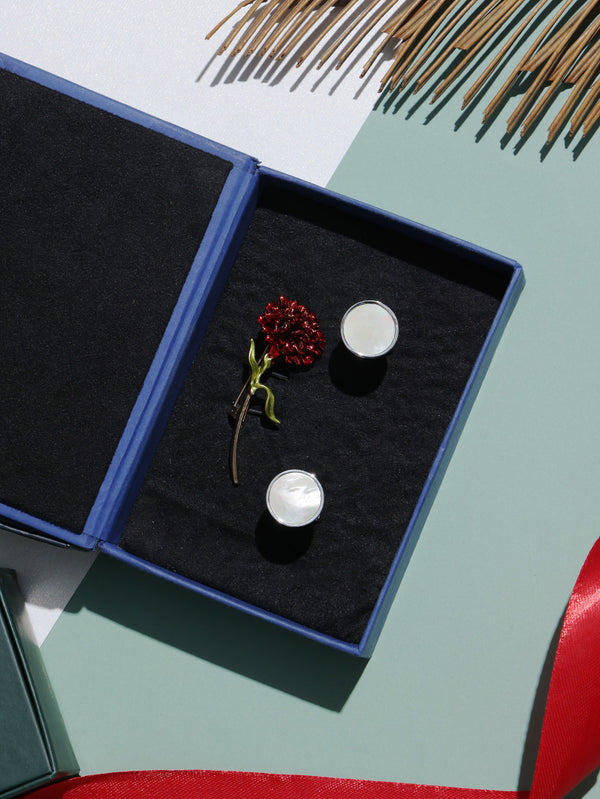 Red Brooch and White Cufflink Gift Set