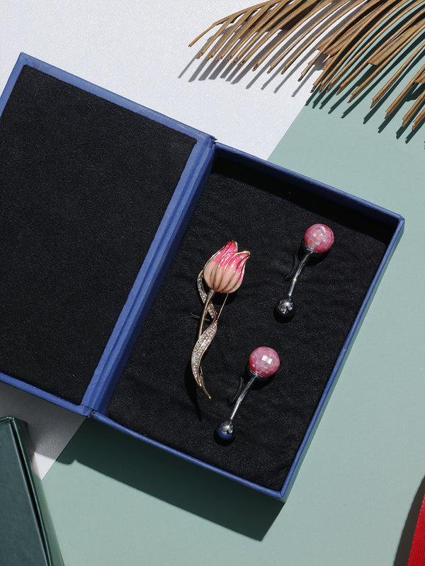 Soft Pink Tulip Brooch and Cufflinks Gift Set