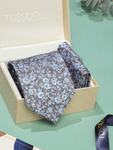 Grey & Blue Floral Necktie & Pocket Square Giftset