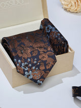 Brown Floral Necktie & Pocket Square Giftset