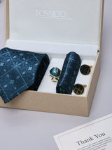 Teal Check Necktie Pocket Square Brooch & Cufflinks Giftset