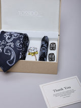 Navy Blue Paisley Necktie Pocket Square Brooch & Cufflinks Giftset