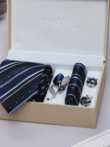 Black & Blue Striped Necktie Pocket Square Brooch & Cufflinks Giftset