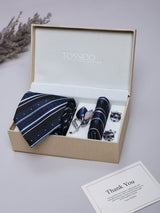 Black & Blue Striped Necktie Pocket Square Brooch & Cufflinks Giftset