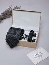 Blue Floral Necktie Pocket Square Brooch & Cufflinks Giftset
