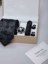 Blue Floral Necktie Pocket Square Brooch & Cufflinks Giftset