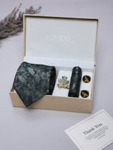 Dark Green Floral Necktie Pocket Square Brooch & Cufflinks Giftset