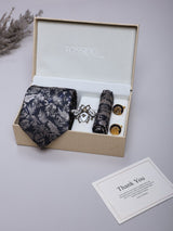 Navy Blue Floral Necktie Pocket Square Brooch & Cufflinks Giftset