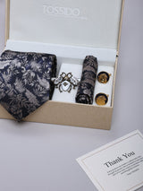 Navy Blue Floral Necktie Pocket Square Brooch & Cufflinks Giftset