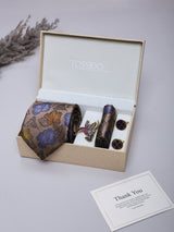 Beige Floral Necktie Pocket Square Brooch & Cufflinks Giftset