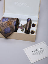 Beige Floral Necktie Pocket Square Brooch & Cufflinks Giftset