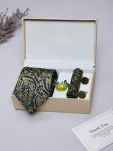 Dark Green & Gold Paisley Necktie Pocket Square Brooch & Cufflinks Giftset