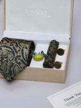 Dark Green & Gold Paisley Necktie Pocket Square Brooch & Cufflinks Giftset