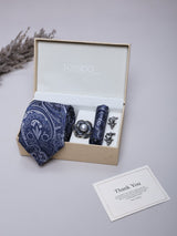 Navy Blue Paisley Necktie Pocket Square Brooch & Cufflinks Giftset
