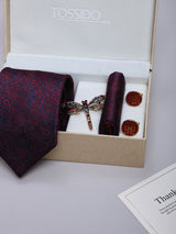 Maroon & Blue Paisley Necktie Pocket Square Brooch & Cufflinks Giftset