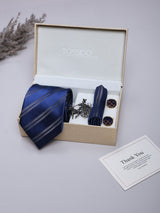 Blue Striped Necktie Pocket Square Brooch & Cufflinks Giftset