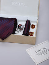 Maroon Striped Necktie Pocket Square Brooch & Cufflinks Giftset