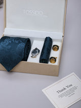 Teal Floral Necktie Pocket Square Brooch & Cufflinks Giftset