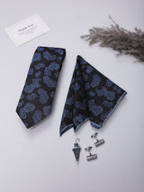 Black & Blue Paisley Necktie Pocket Square Brooch & Cufflinks Giftset