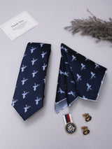 Navy Blue Deer Necktie Pocket Square Brooch & Cufflinks Giftset