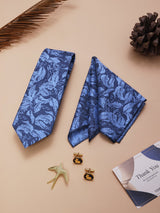 Navy Blue Floral Necktie Pocket Square Brooch & Cufflinks Giftset